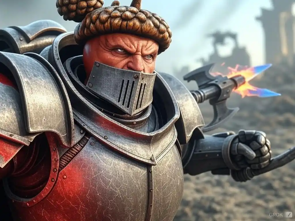 A close-up of a red-skinned, angry-looking warrior in ornate silver and red armor, wearing a braided acorn-shaped hat and…