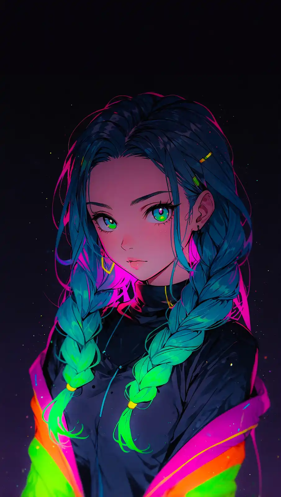 An anime-style illustration of a young woman with glowing neon blue and green braided hair, wearing a dark jacket with…