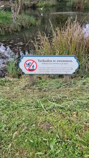 A weathered warning sign stands in grass beside a pond, featuring a red circle with a slash over icons of a swimmer and a…