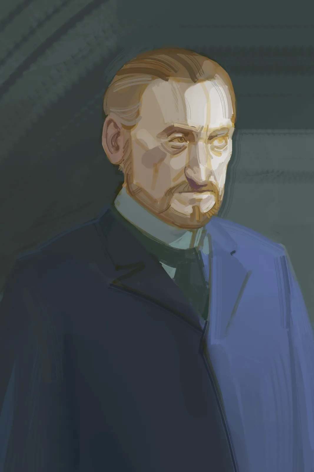 A digital painting depicts a stern-looking man with a mustache, wearing a dark coat over a light shirt and tie, set against…