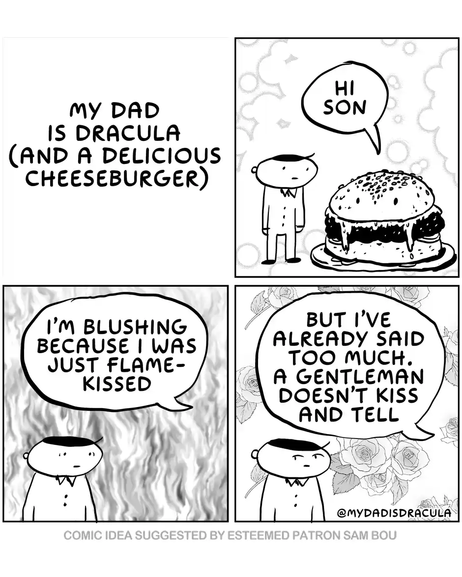 A four-panel comic strip shows a son meeting his dad, who is depicted as a cheeseburger. The son blushes after being…