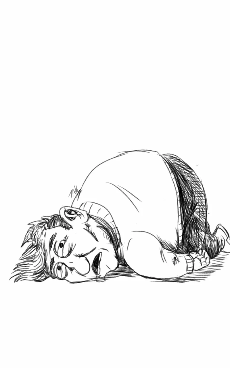 A black-and-white sketch shows a cartoonish, overweight person lying face-down on the floor with their arms and legs splayed…