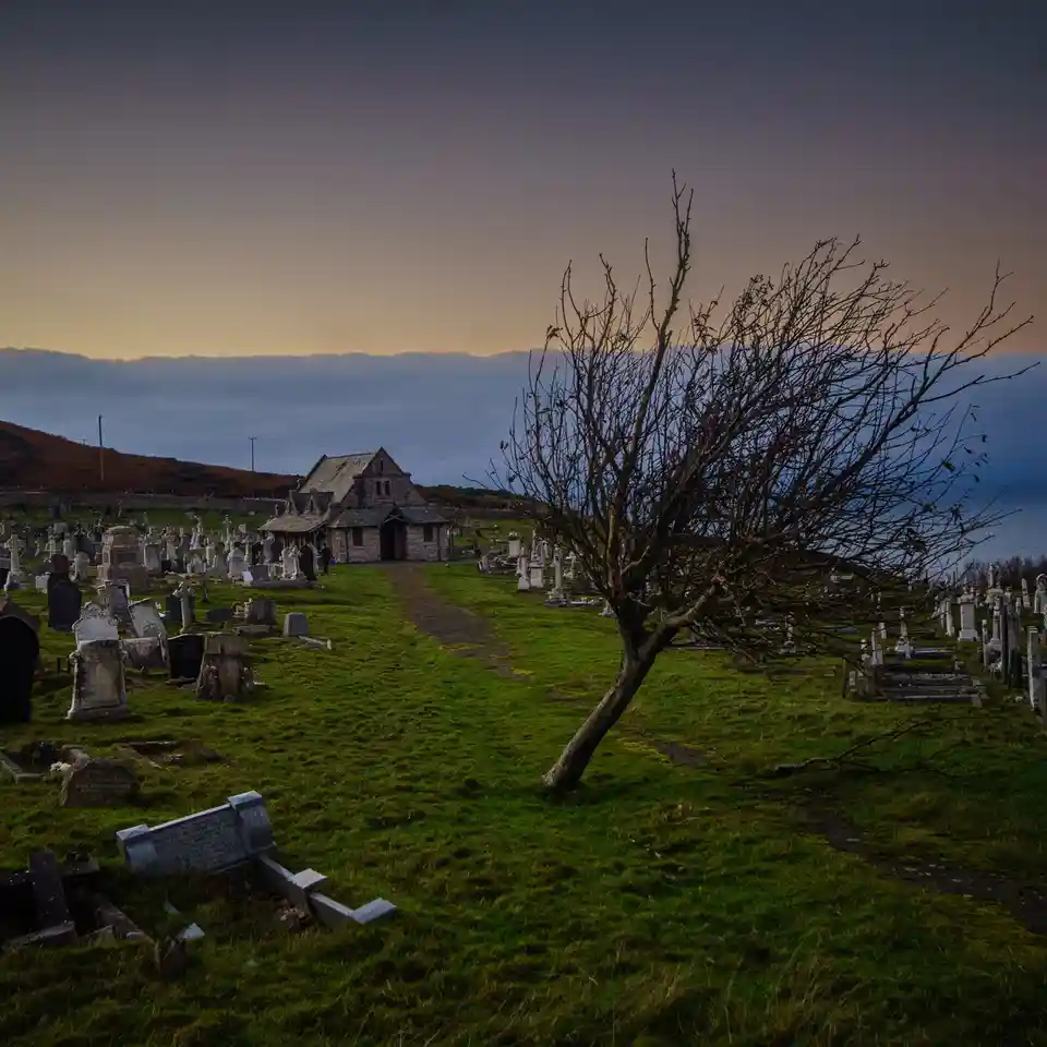 A somber, atmospheric photo of a cemetery at dusk, featuring a lone, leafless tree leaning in the foreground, numerous…