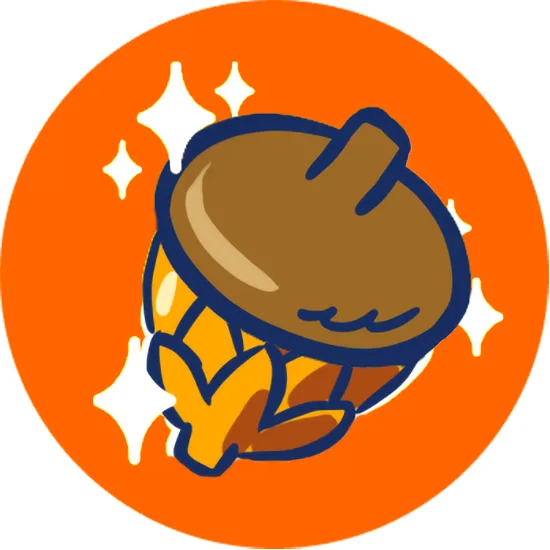 A cartoon illustration of a brown, round, smiling creature with yellow limbs and sparkles around it, set against an orange…
