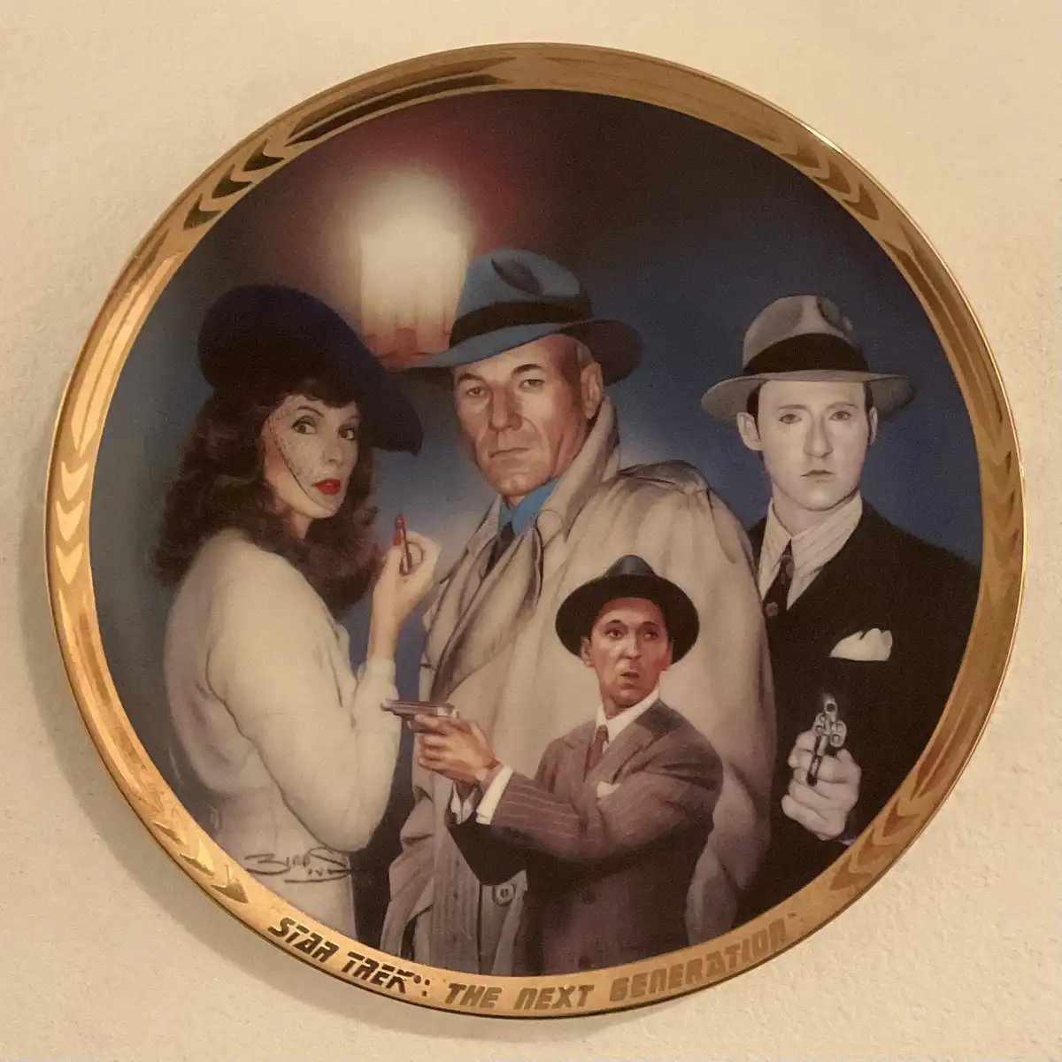 A circular decorative plate features a painted scene of four people dressed in 1940s-style detective outfits, including…
