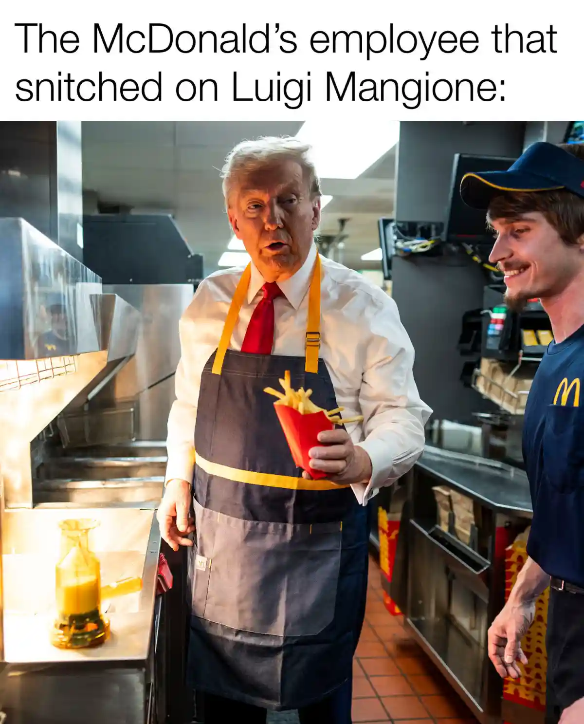 A man resembling Donald Trump, wearing a McDonald's apron and holding a fry container, stands in a kitchen next to a smiling…