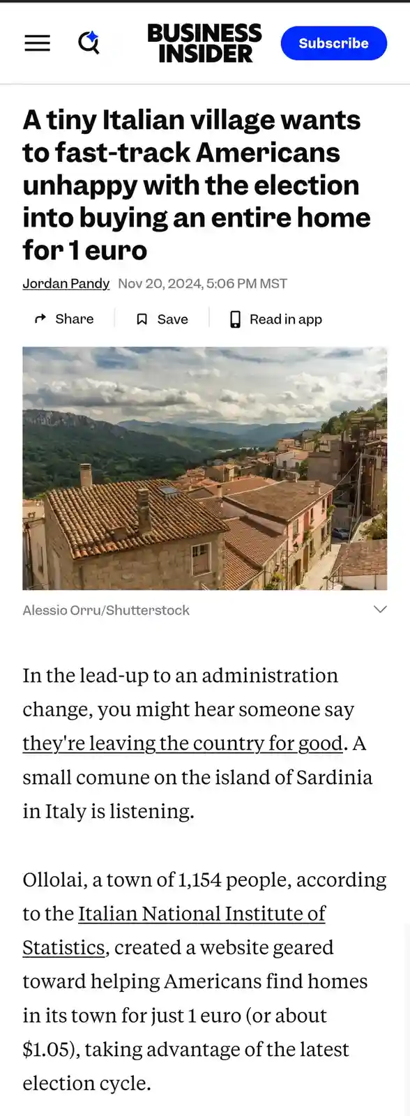 A screenshot of a Business Insider article shows a scenic photo of a small Italian village with terracotta roofs and…