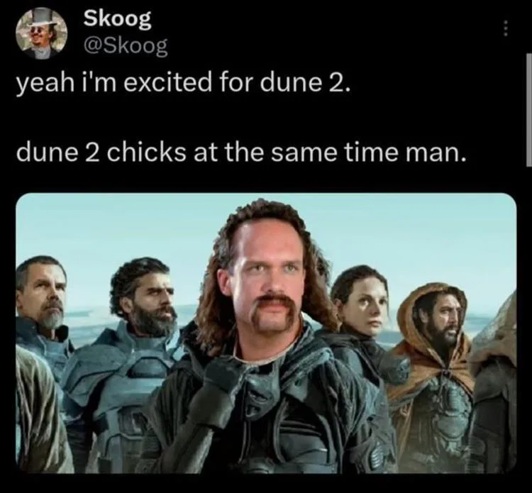 A screenshot of a tweet by user Skoog shows a promotional image from the movie Dune featuring a group of characters in…