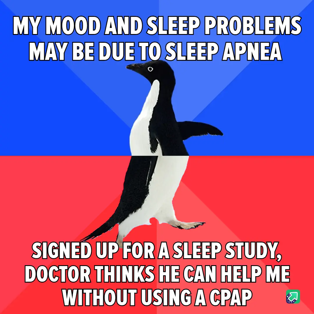 A penguin stands centered against a blue and red background, with bold white text overlaid in two sections. The top text…