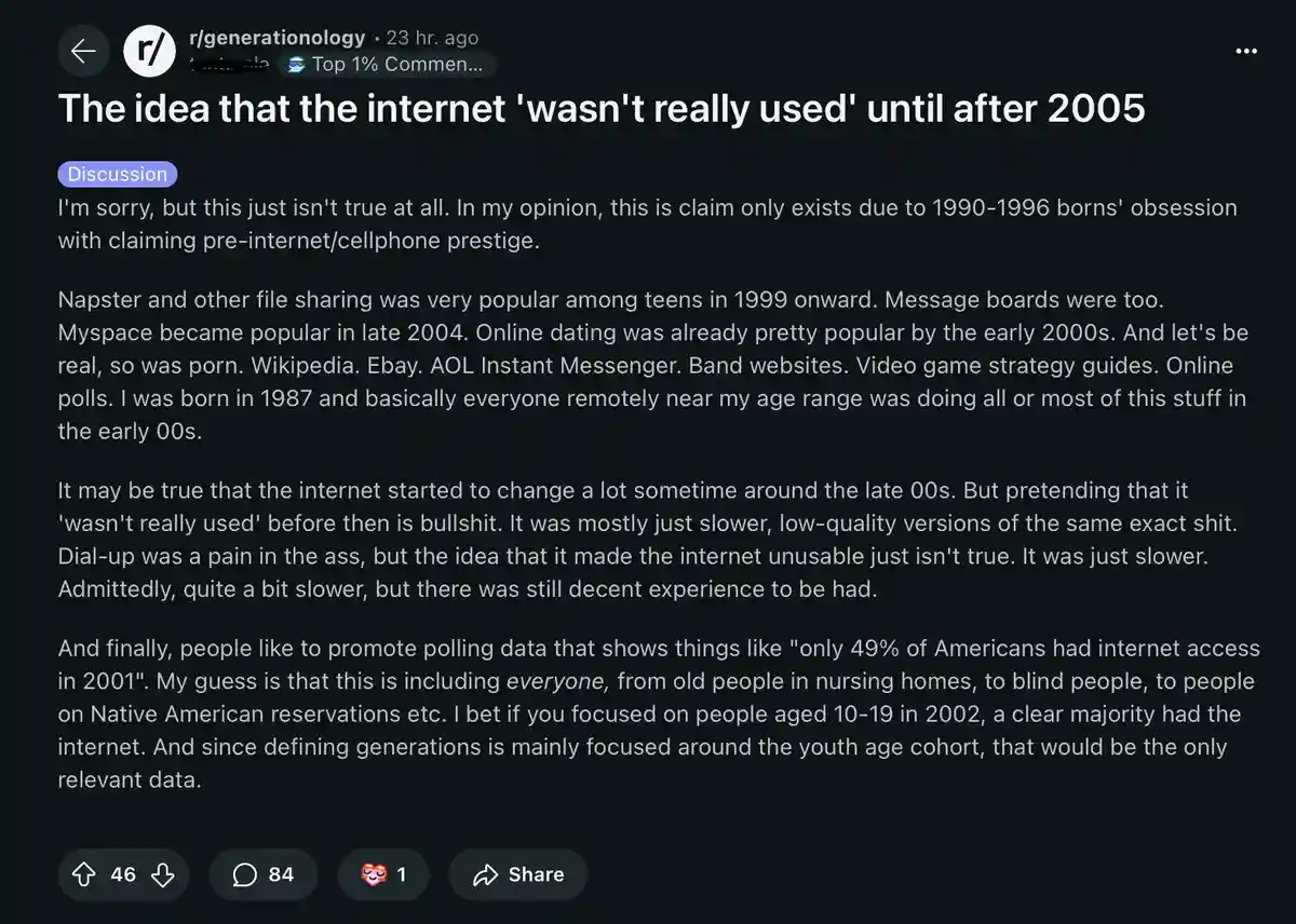 A screenshot of a Reddit comment from r/generationology arguing that the internet was widely used before 2005, citing…