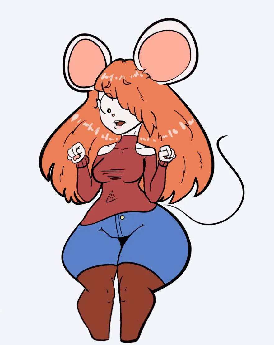 A cartoon illustration of a female anthropomorphic mouse with orange hair, large ears, and a tail, wearing a red top and…