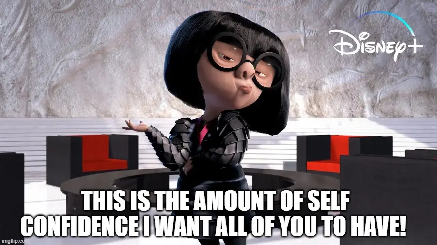 An animated character with black bob hair, large round glasses, and a black textured jacket stands in a modern room with red…