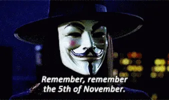 Six identical frames show a person wearing a white Guy Fawkes mask and a black hat against a dark, blurred city background…