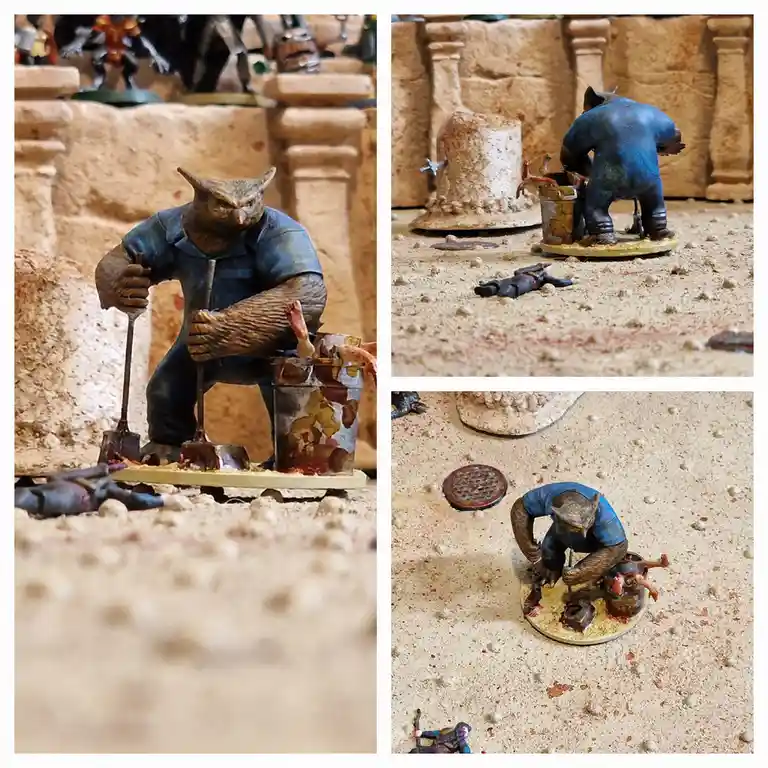 Three images show a painted miniature figurine of an owl-like humanoid in blue overalls, using tools to clean up blood and…