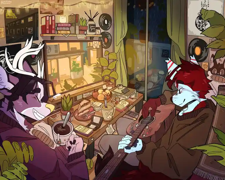 Two anthropomorphic animal characters sit cozily in a warmly lit, cluttered room with string lights, plants, and records…