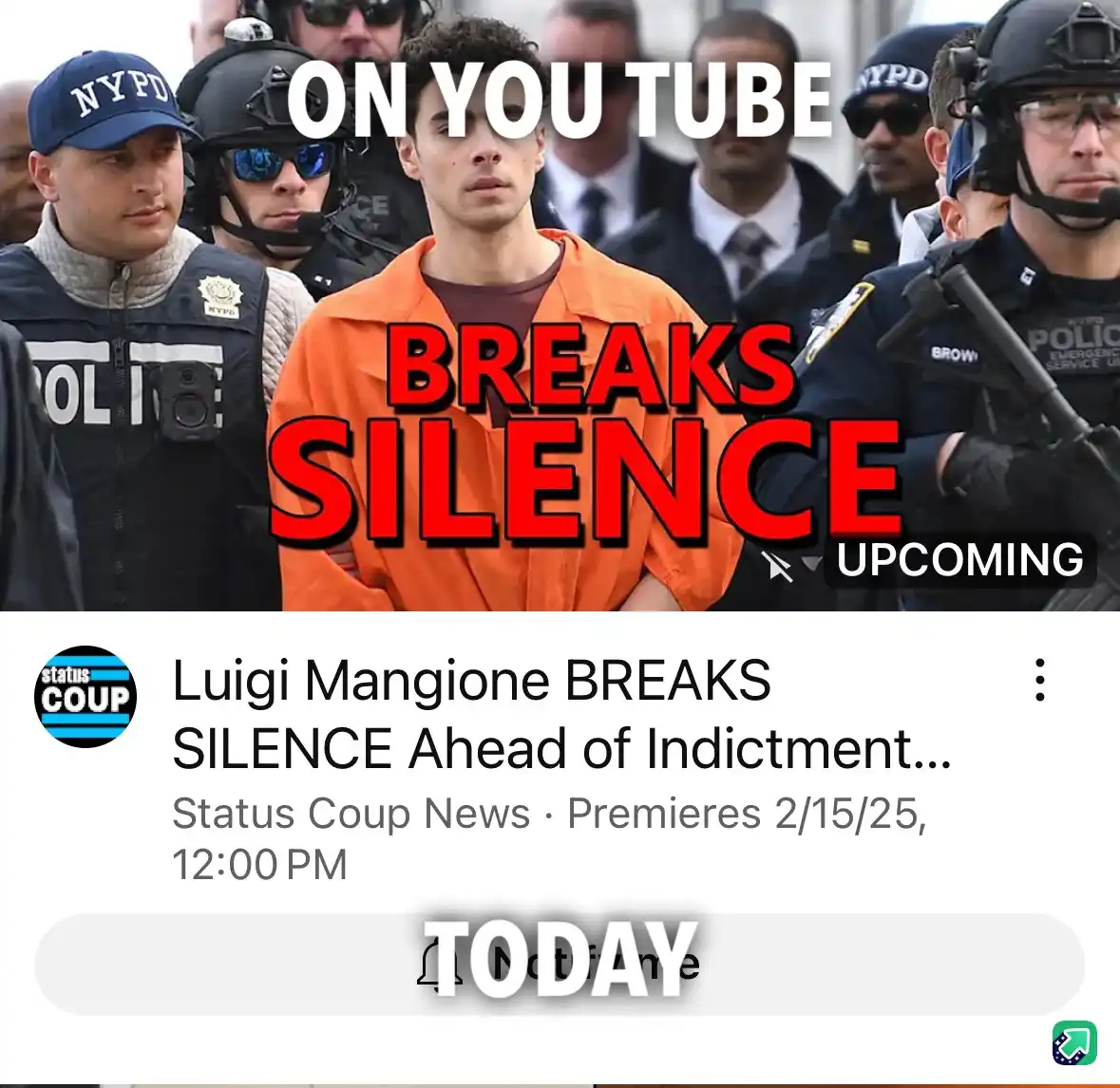 An image of Luigi Mangione in an orange jumpsuit surrounded by NYPD officers is overlaid with text mimicking a YouTube video…