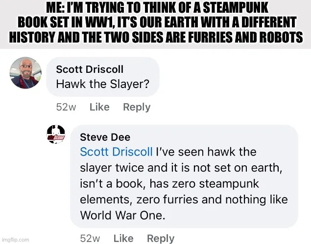A screenshot of a Reddit comment thread where a user asks for book ideas involving steampunk, furries, and WW1. Scott…