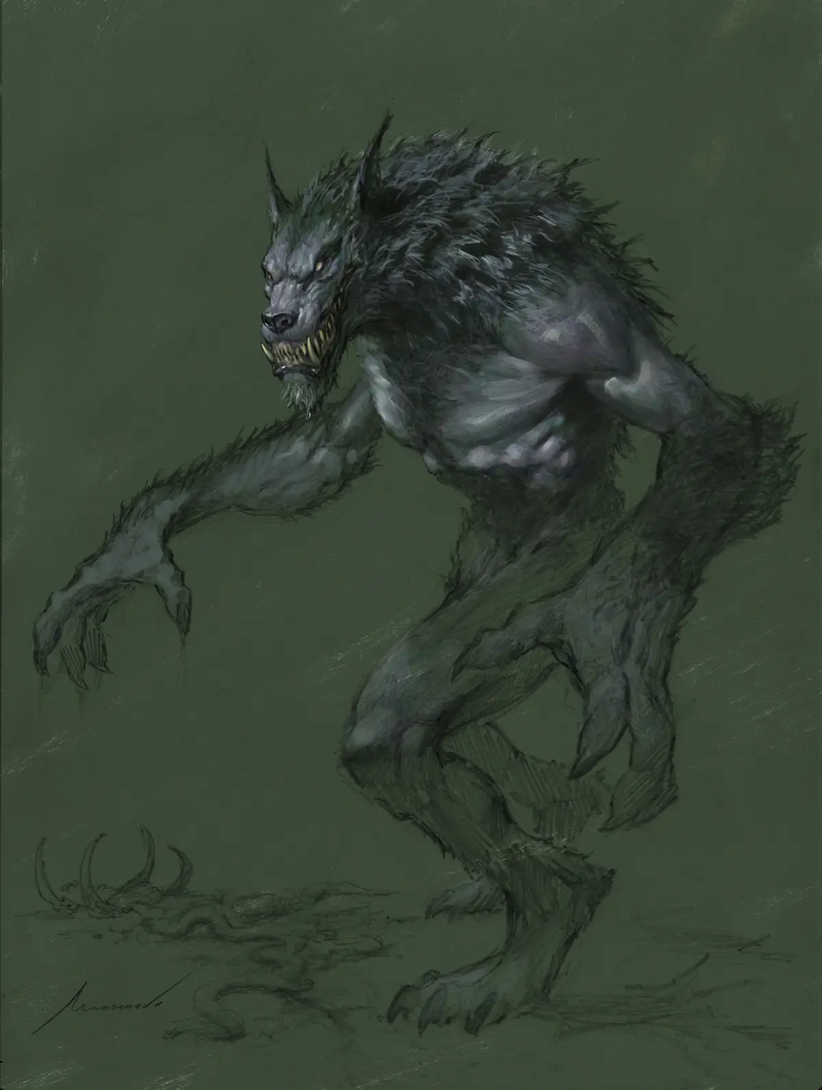 A dark, sketch-style illustration depicts a menacing, muscular werewolf with glowing yellow eyes, sharp fangs, and clawed…