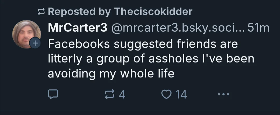 A screenshot of a social media post by 'MrCarter3' reposted by 'Theciscokidder', showing the text 'Facebooks suggested…