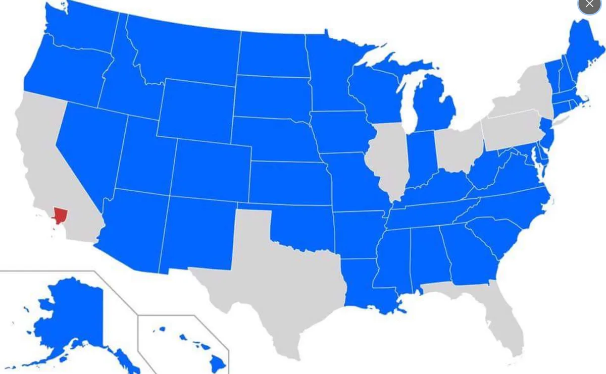 A map of the United States with most states colored blue, while California, Texas, Florida, and Illinois are colored gray. A…