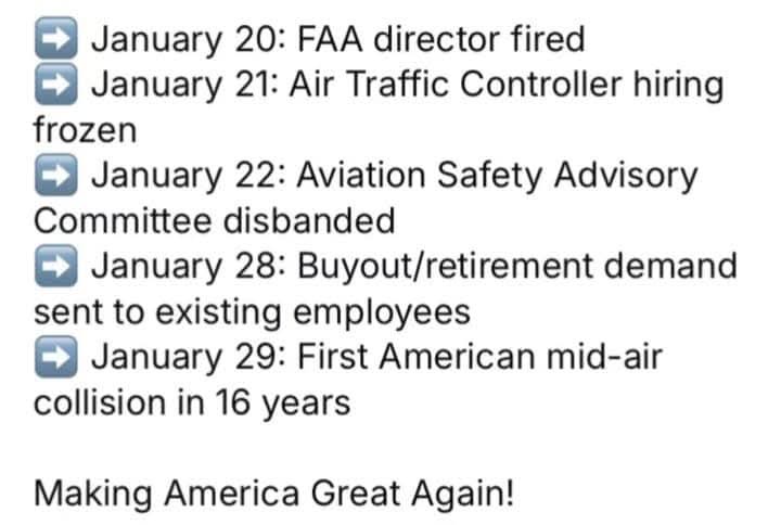 A screenshot of a text list showing a series of FAA-related events from January 20 to January 29, including firing of the…