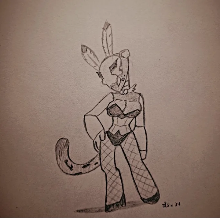 A pencil sketch of an anthropomorphic rabbit character with large ears, a long tail, and a revealing outfit with fishnet…