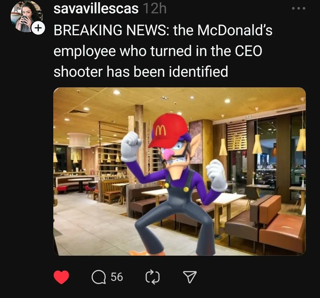 A digitally altered image shows the video game character Waluigi standing triumphantly inside a McDonald's restaurant…