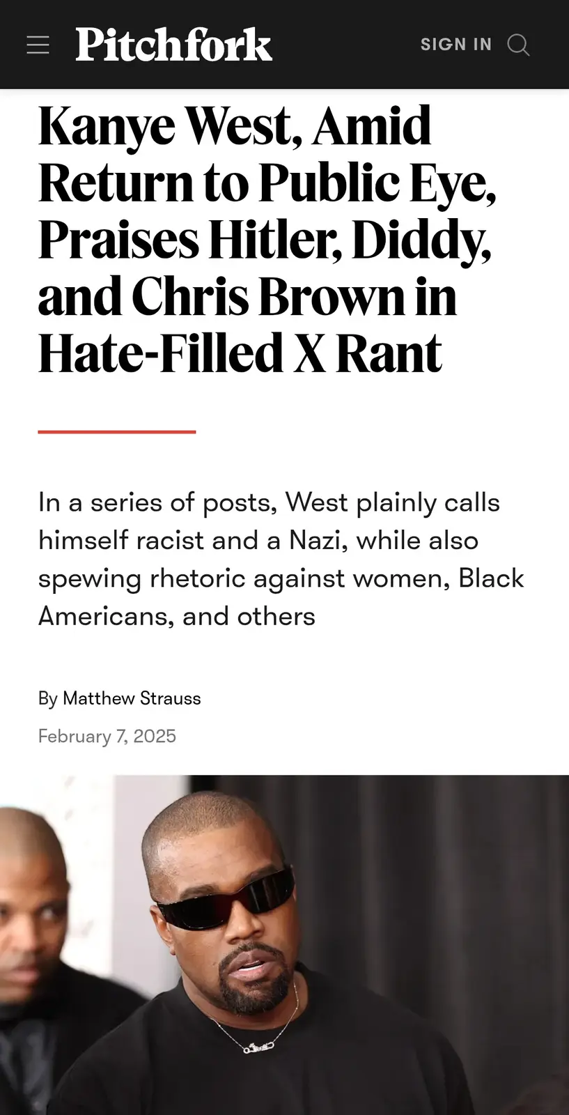 The image displays a screenshot of a Pitchfork article with a headline about Kanye West praising Hitler, Diddy, and Chris…