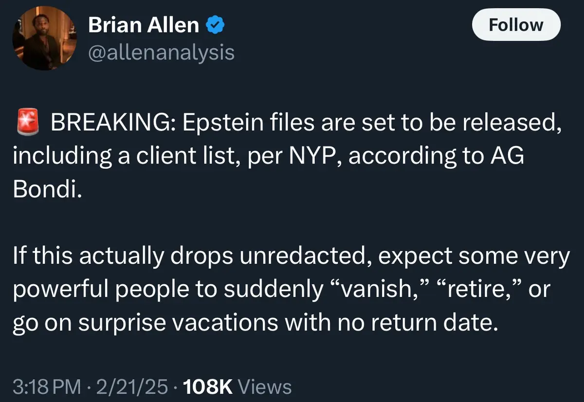 A screenshot of a tweet from Brian Allen (@allenanalysis) with a dark background and white text. The tweet, marked with a…