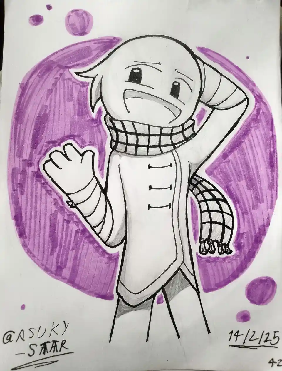 A hand-drawn cartoon character with a bald head, pointed ears, and a plaid scarf stands against a purple circular background…