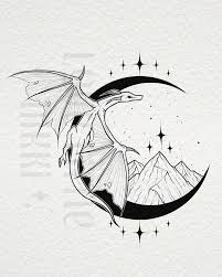 A black-and-white line art illustration shows a stylized dragon with outstretched wings flying over a crescent moon that…