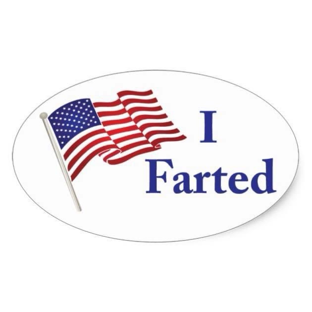 An oval-shaped sticker features a waving American flag on the left and the text 'I Farted' in bold blue letters on the…