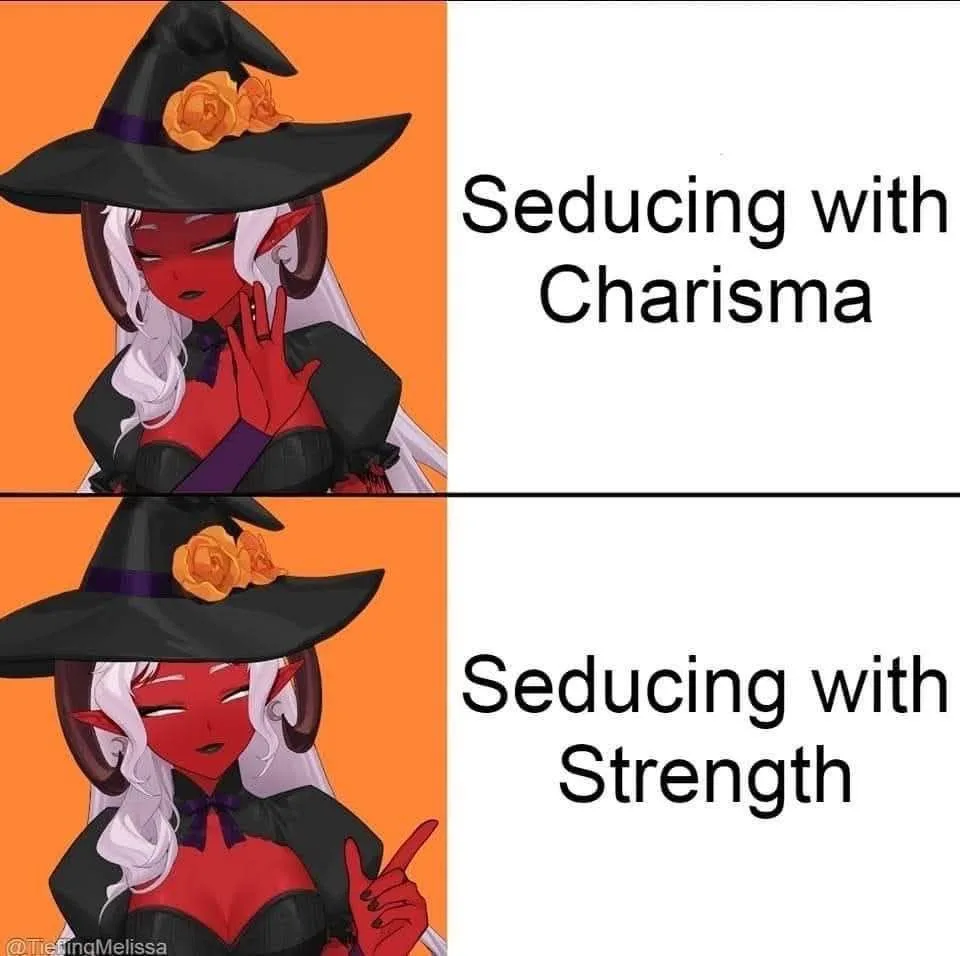 The image is a two-panel meme featuring the same anime-style witch character with red skin, white hair, and a black witch…