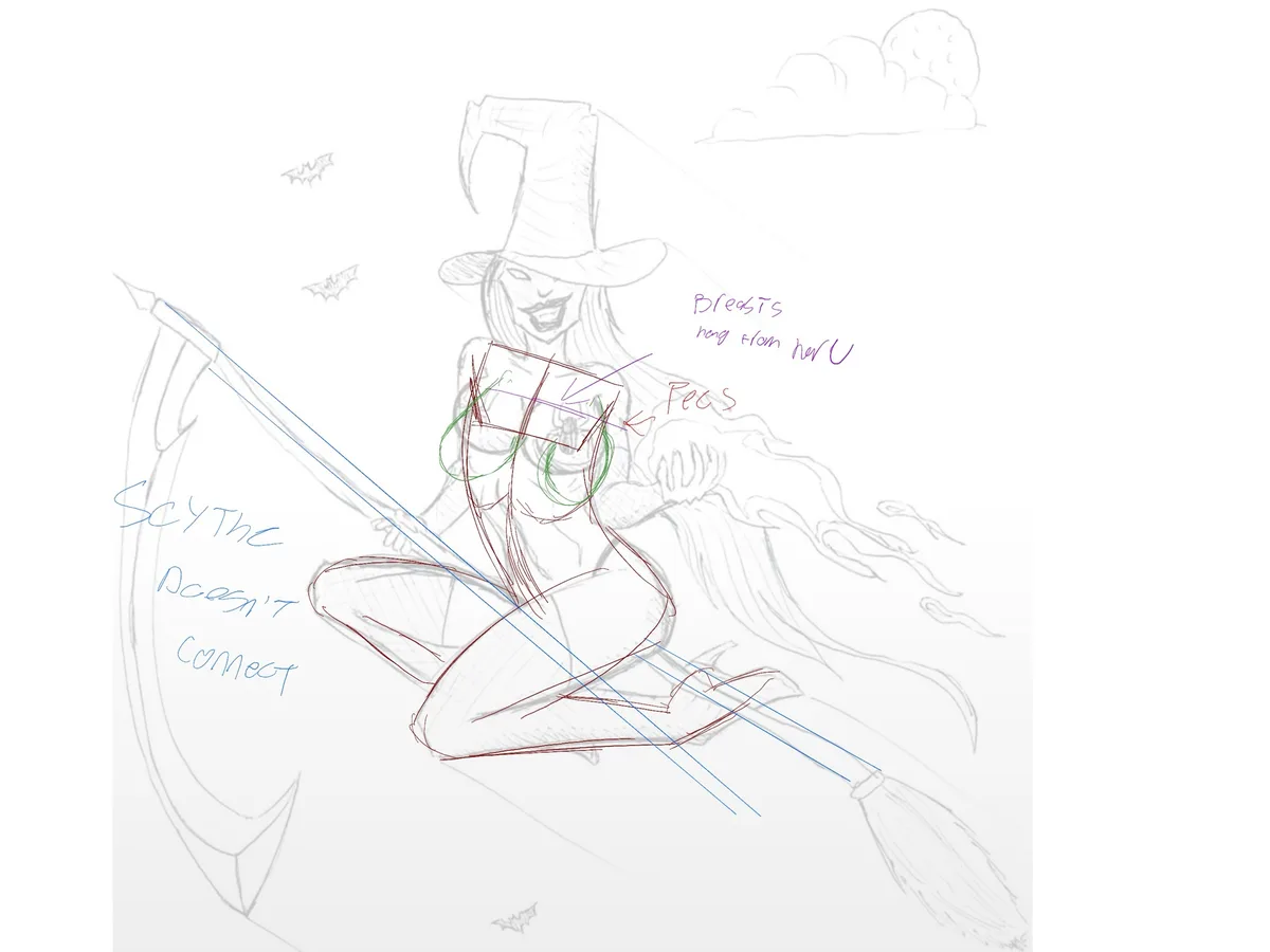 A rough pencil sketch of a witch on a broomstick with bats and clouds, overlaid with colorful annotations in red, green, and…