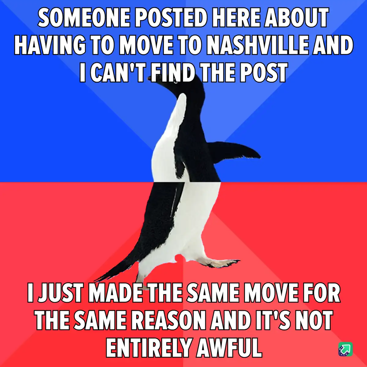 A penguin stands in the center of the image, split by a horizontal line, against a blue top half and red bottom half. The…