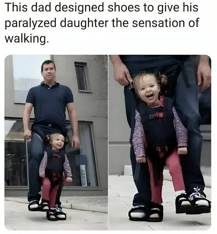 Two side-by-side photos show a man walking while carrying a small child in a harness attached to his legs. The child is…