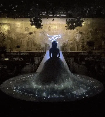 A six-panel image sequence shows a woman in a wedding dress standing on a circular stage with a glowing, starry floor…