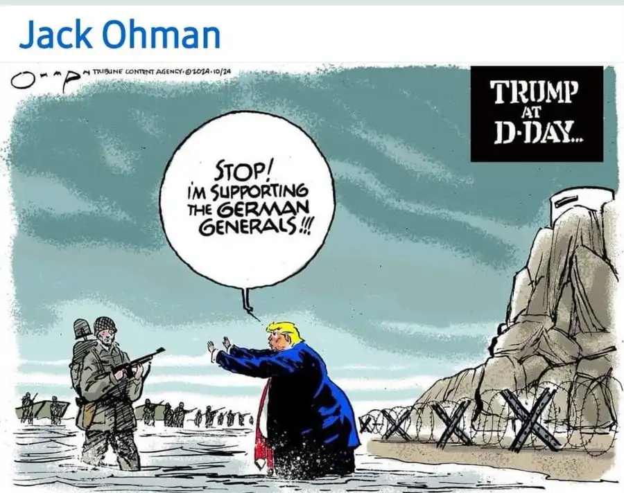 A cartoon depicts Donald Trump wading in water on a beach, gesturing to a soldier with a rifle. Behind him, a line of…