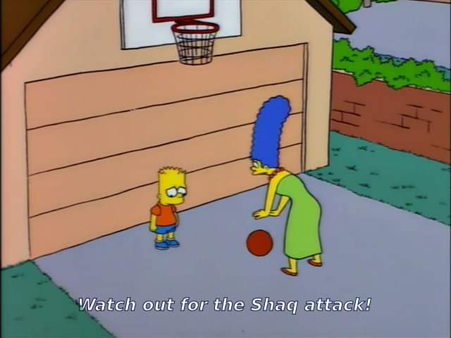 In a scene from The Simpsons, Marge Simpson stands in front of a garage basketball hoop, bending over a basketball while…