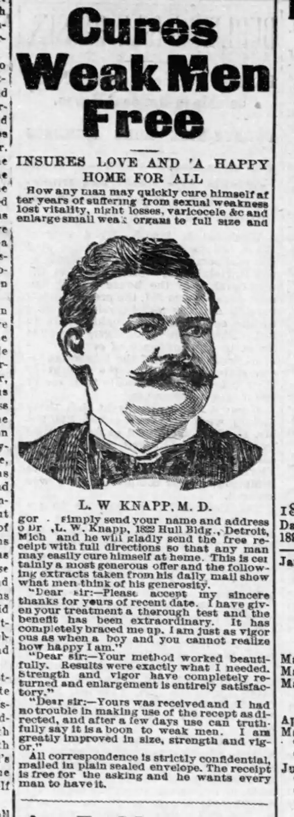 A vintage newspaper advertisement features a black-and-white illustration of a man with a mustache. The ad, for Dr. L. W…