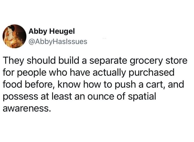 A screenshot of a tweet by Abby Heugel (@AbbyHasIssues) that reads: 'They should build a separate grocery store for people…