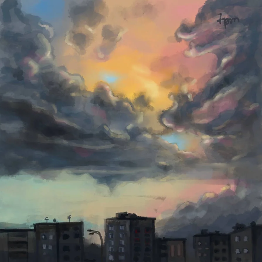 A painterly digital artwork depicts a dramatic sky with dark, swirling clouds tinged with orange, pink, and blue hues…