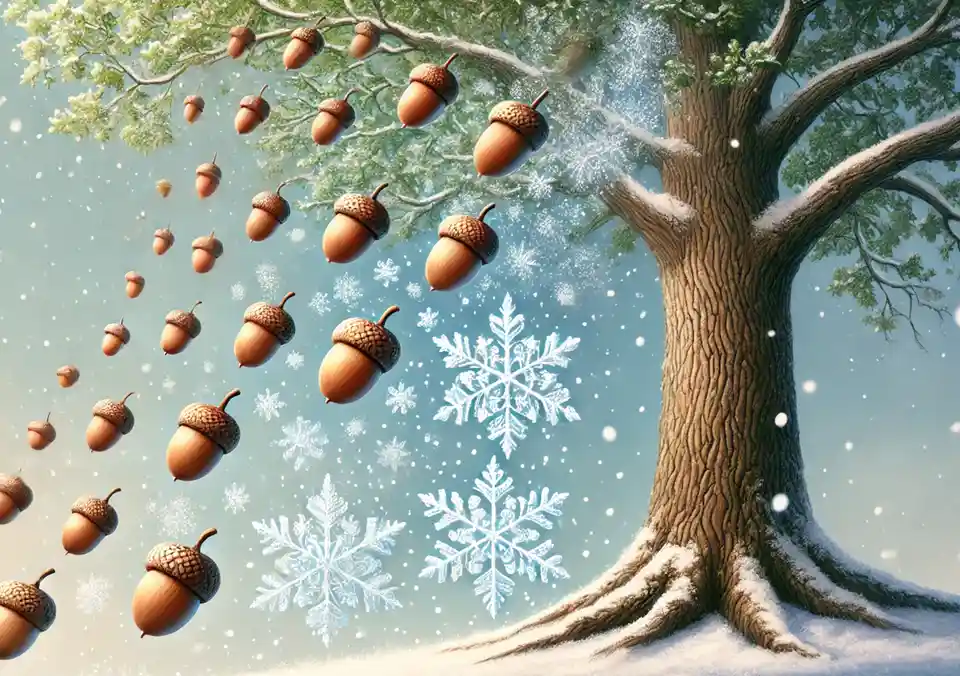 A surreal winter scene shows a large, snow-dusted oak tree with acorns falling from its branches amidst falling snowflakes…