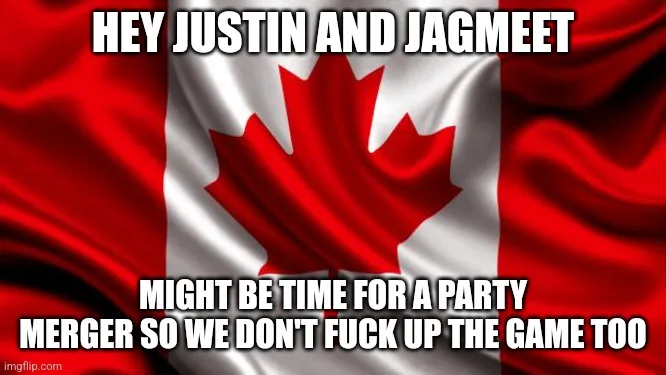 The image displays a waving Canadian flag as the background. Overlaid in bold white text with black outline are two lines…