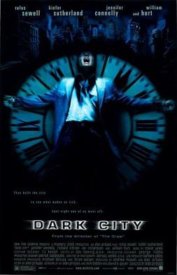 A movie poster for 'Dark City' featuring a man in a suit screaming with arms outstretched, framed by a glowing blue clock…