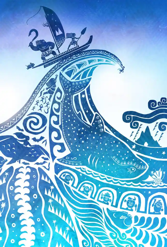 A stylized blue and white illustration depicts the character Moana riding a giant whale-shaped wave, with her crew and Maui…
