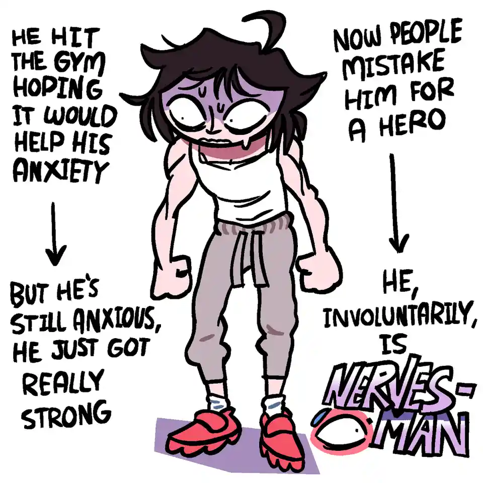 A cartoon character with wide, anxious eyes and a strained expression stands in workout clothes, surrounded by text…