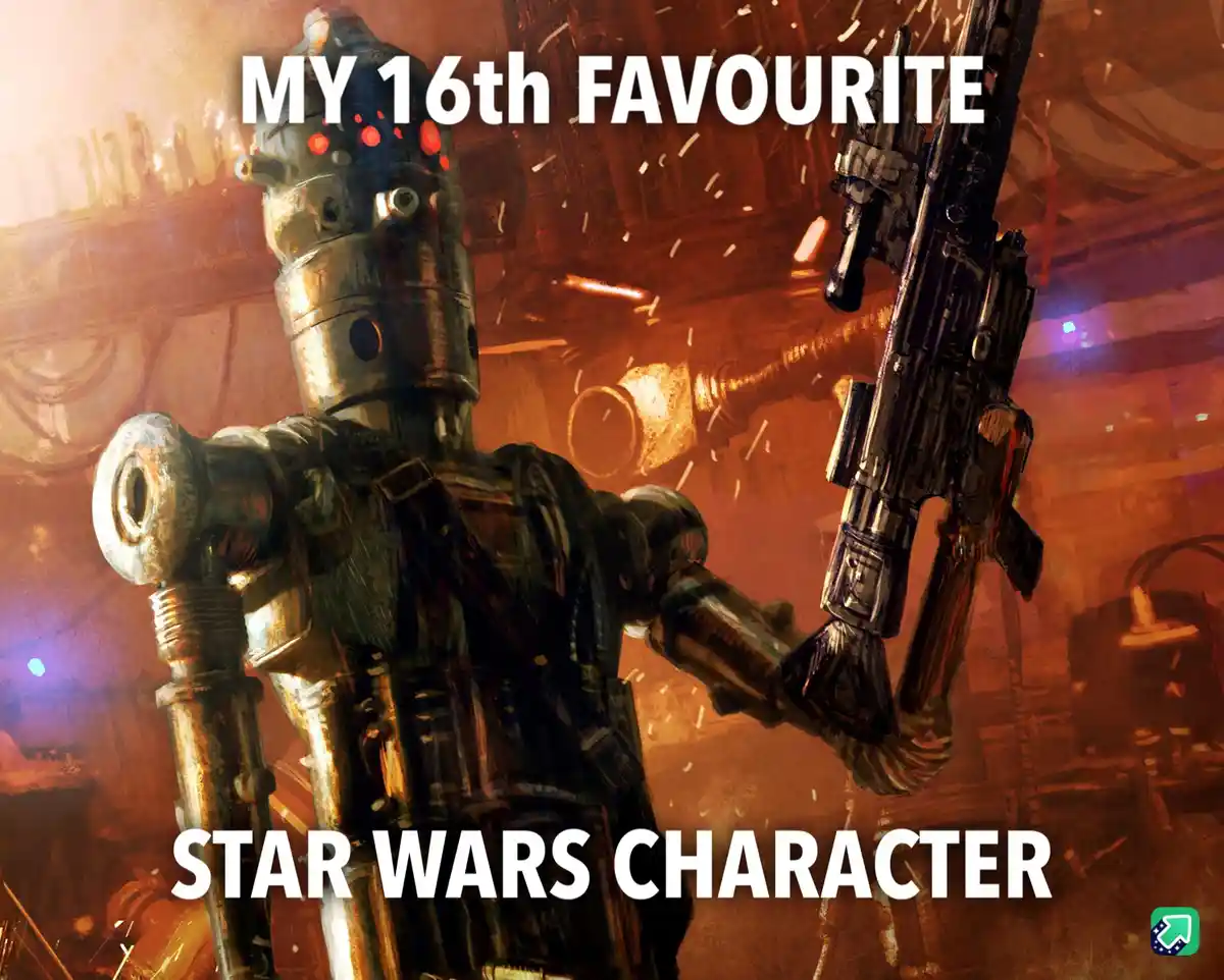 A heavily armored, rusty-looking droid with red glowing eyes holds a large blaster rifle in a gritty, industrial setting…