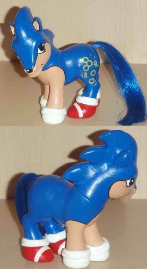 Two images show a blue My Little Pony toy with a Sonic the Hedgehog design, featuring red and white shoes, a blue mane and…