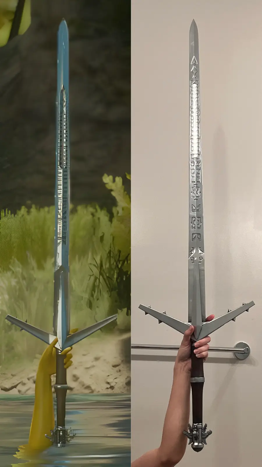 The image is a side-by-side comparison: on the left, a video game character holds a massive, ornate sword with a cityscape…